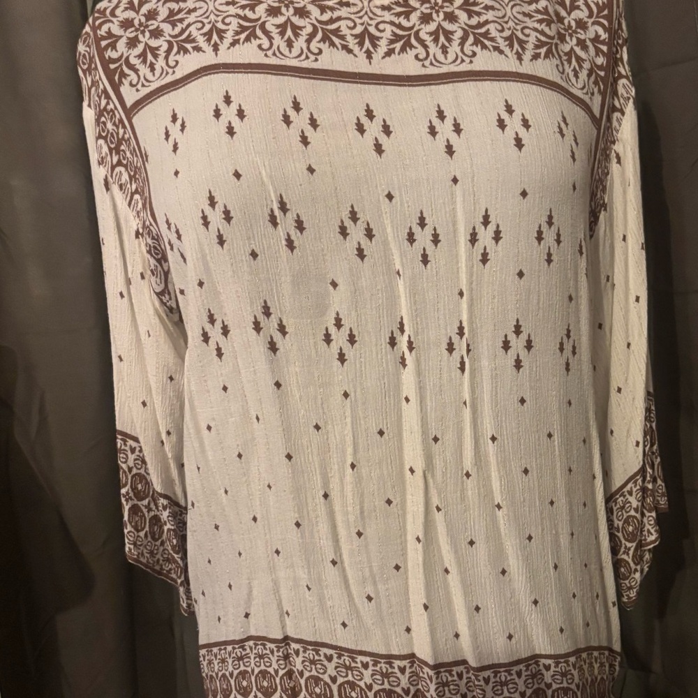 Ruby Rd. Cream And Brown Patterned Blouse - image 1